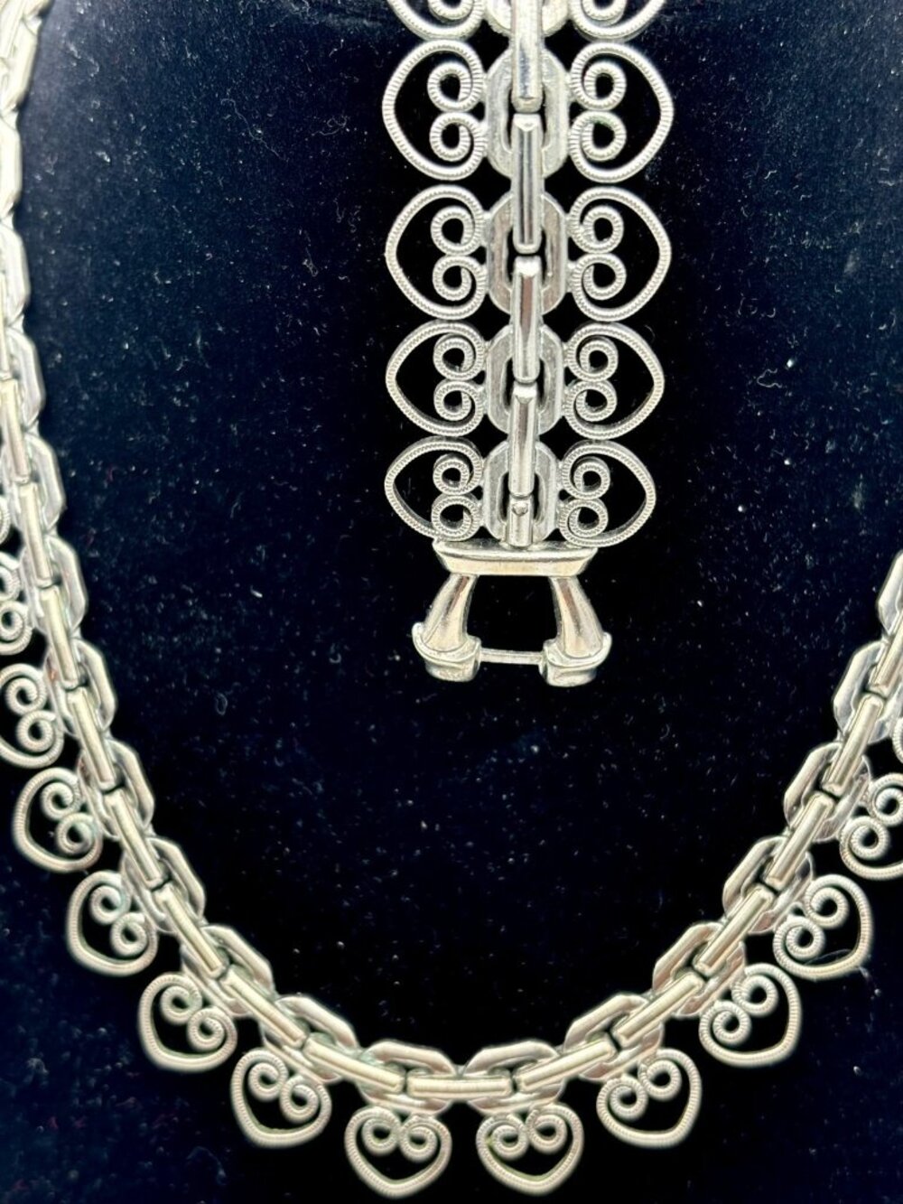 1970s Silver Tone Open Metal Work Necklace Clip Earrings Ensemble